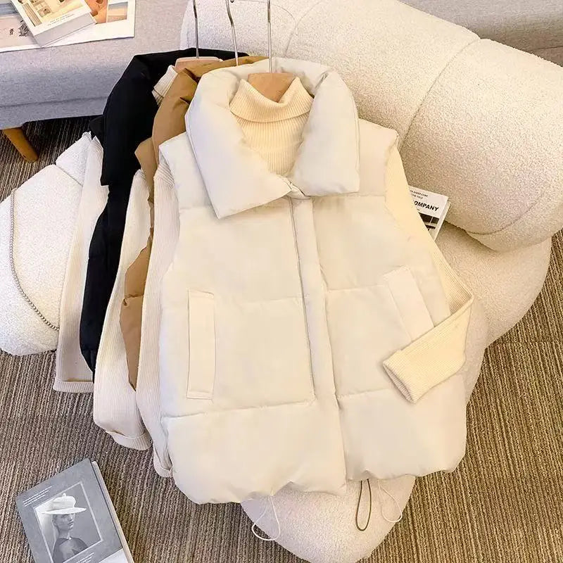Gilet Femme Hiver Chaud Rembourré - Sans Manches Zip Fashion Loose Col Montant Couleur Unie Manteau