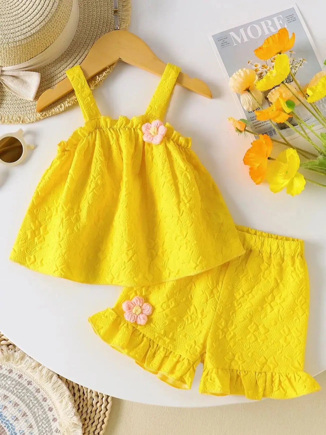 Ensemble 2 pièces bébé fille jaune - Top fleurs + Short à volants