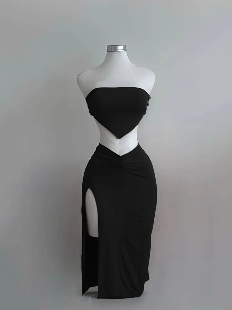 Ensemble 2 Pièces Femme Été - Crop Top Bustier Jupe Taille Haute Fendue Sexy Soirée