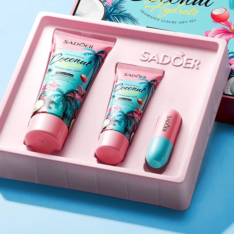 Coffret Cadeau Hydratant Coco 3 Pièces - Lotion Corps Crème Mains Baume Lèvres Nourrissant Hiver