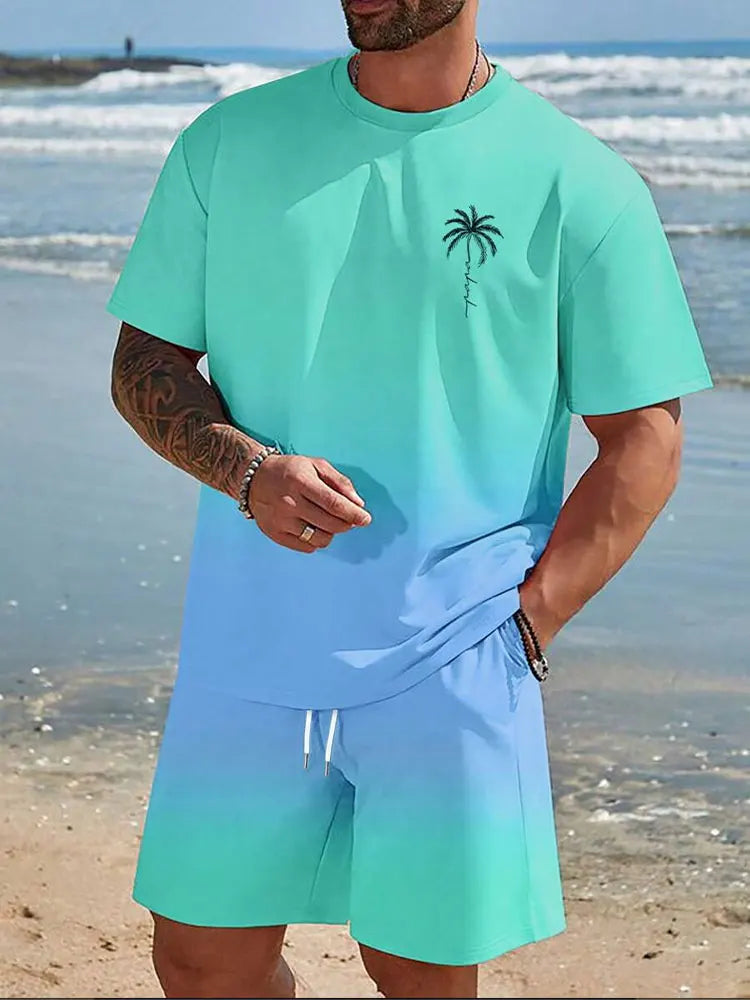 Ensemble Homme 2 Pièces Imprimé Hawaïen - T-Shirt Manches Courtes & Short de Plage