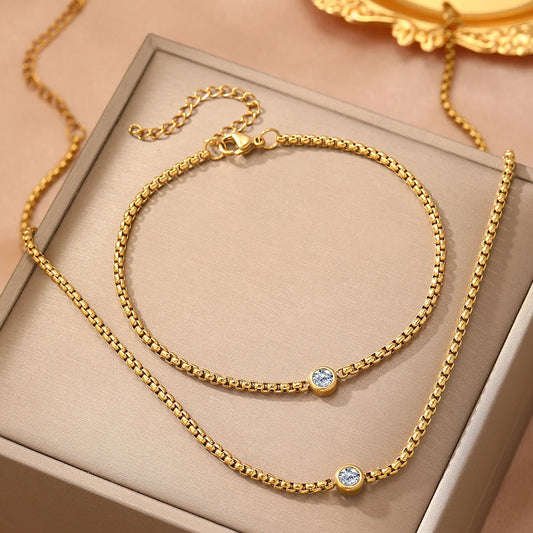 Set Bracelet Collier Femme Bohème Perles Zircon - Acier Inoxydable Waterproof Cadeau