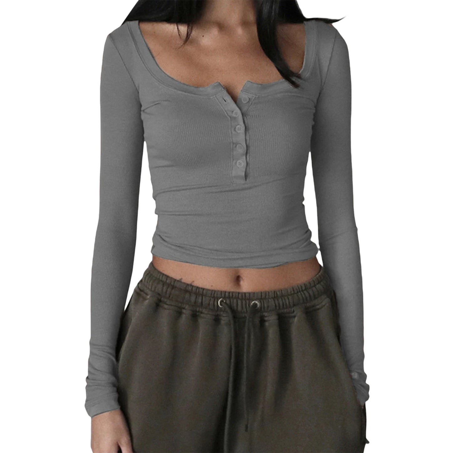 Chemise Femme Tricot Henley Boutons - Crop Top Streetwear