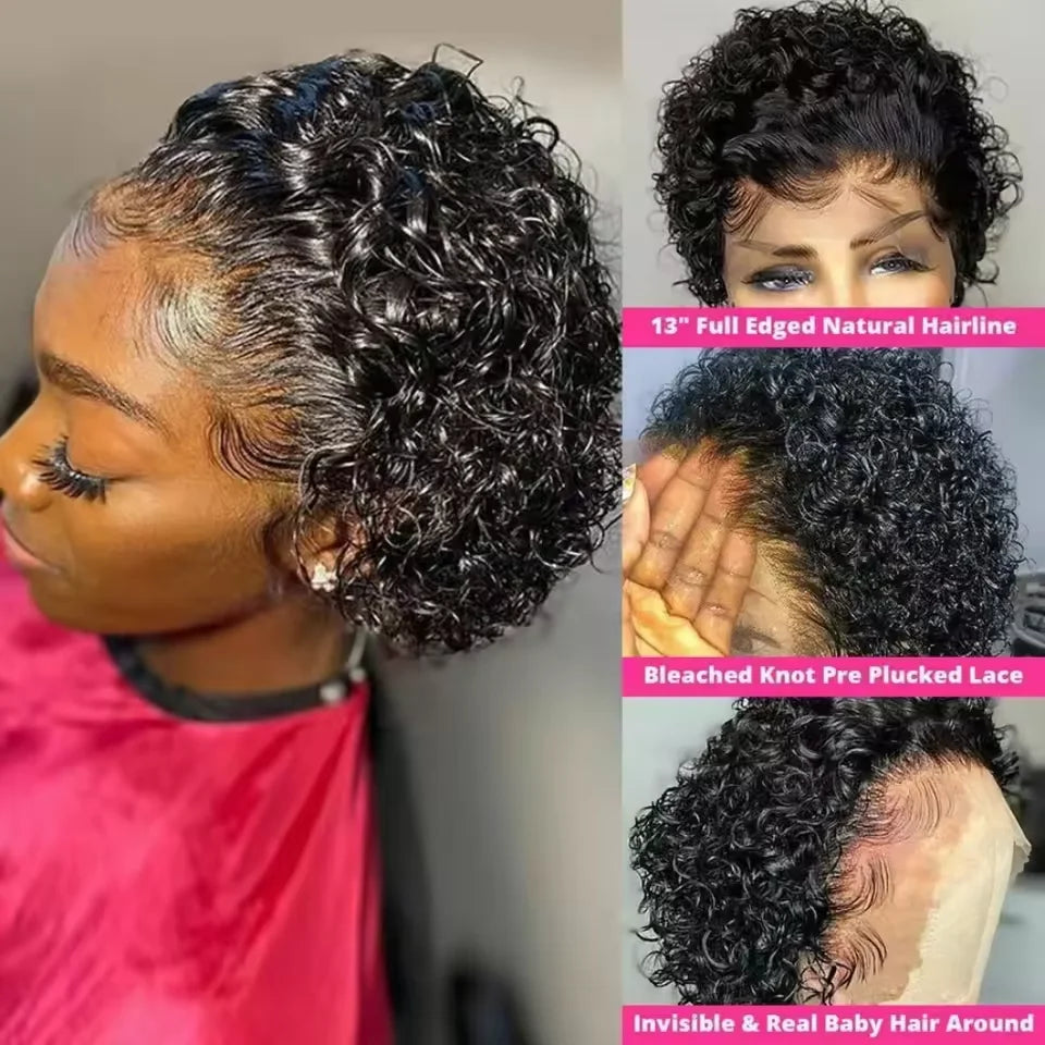 Perruque Cheveux Humains Pixie Cut Courte Bouclée - Lace Front 13x1 Brésilienne Water Wave Bob