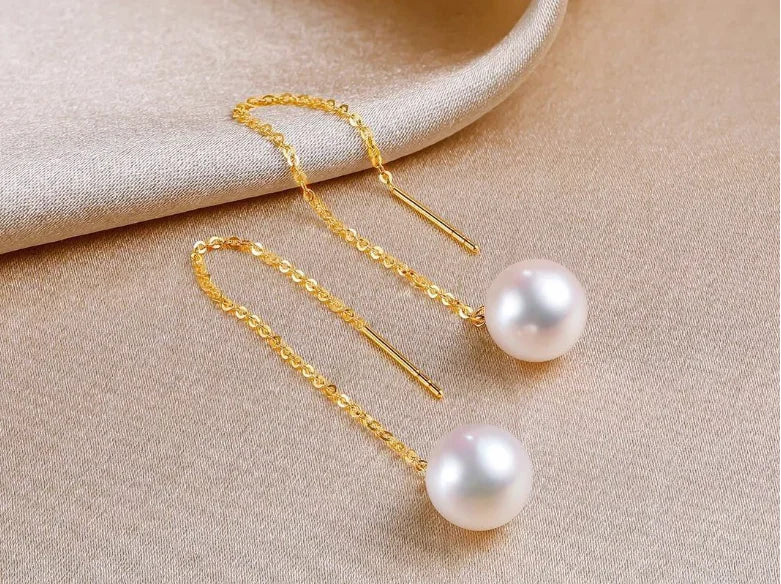 Boucles d'Oreilles Or 18k Perle Femme - Longues Pendantes