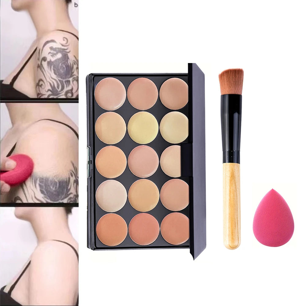 POPFEEL Palette Correcteur 15 Couleurs avec Pinceau et Éponge - Multifonction Imperfections Contouring Tatouage