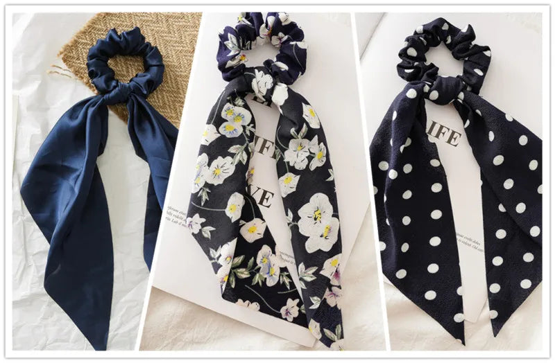 Lot 3pcs Chouchous Cheveux Long Ruban Noué Femme Fille - Élastiques Queue de Cheval Bandeau Accessoires Mode