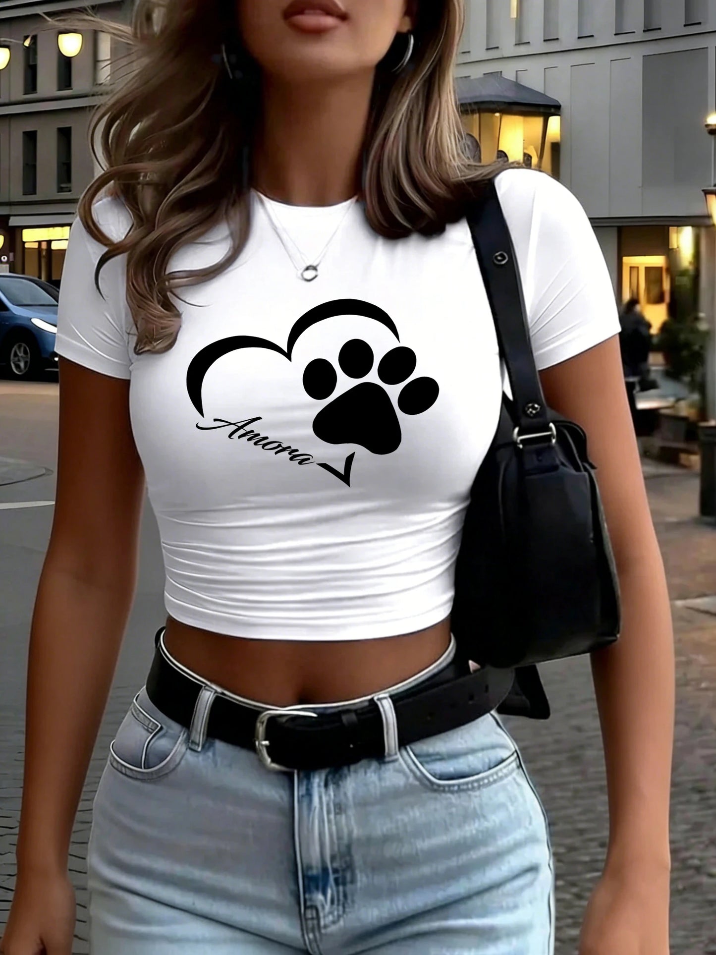 Top Crop Femme Love & Little Cat Foot - T-Shirt Hip Hop Yoga Casual Col Rond Été