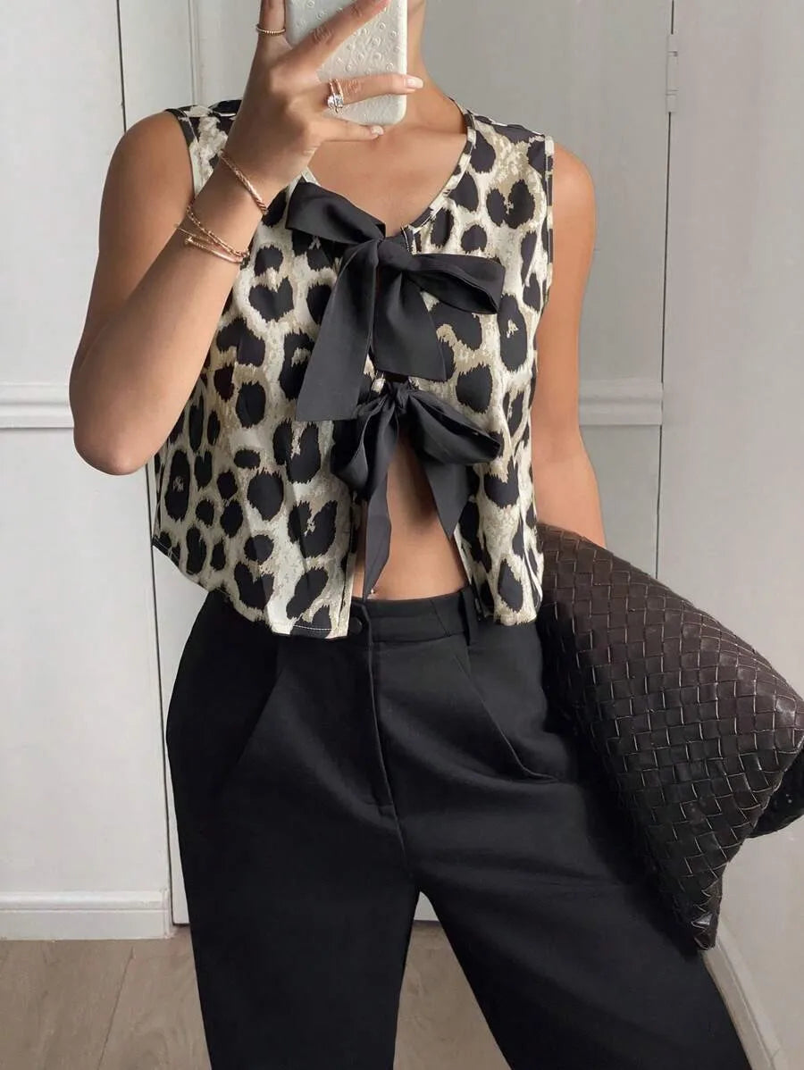 Débardeur Femme Léopard Col V Lacets - Dos Nu Sexy Casual Été