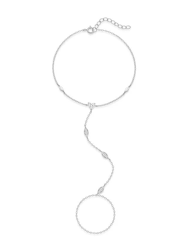 Bracelet Bague Argent 925 Cœur Pétale Zircon - Chaîne Main Femme Minimaliste Scintillant