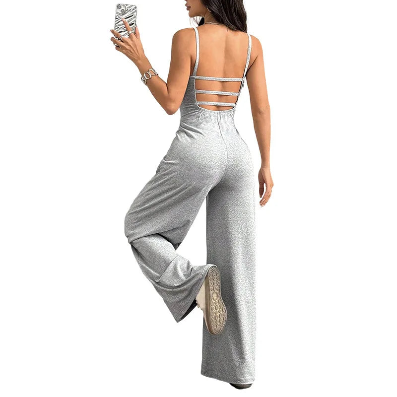 Combinaison Femme Casual Bretelles Dos Nu - Couleur Unie Sans Manches Loose Jambes Larges Simple Style