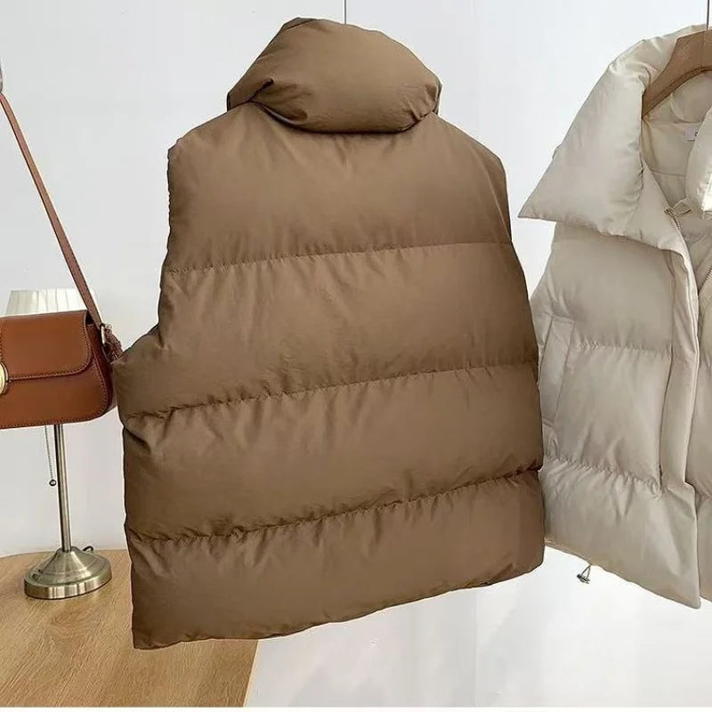 Gilet Femme Hiver Chaud Rembourré - Sans Manches Zip Fashion Loose Col Montant Couleur Unie Manteau