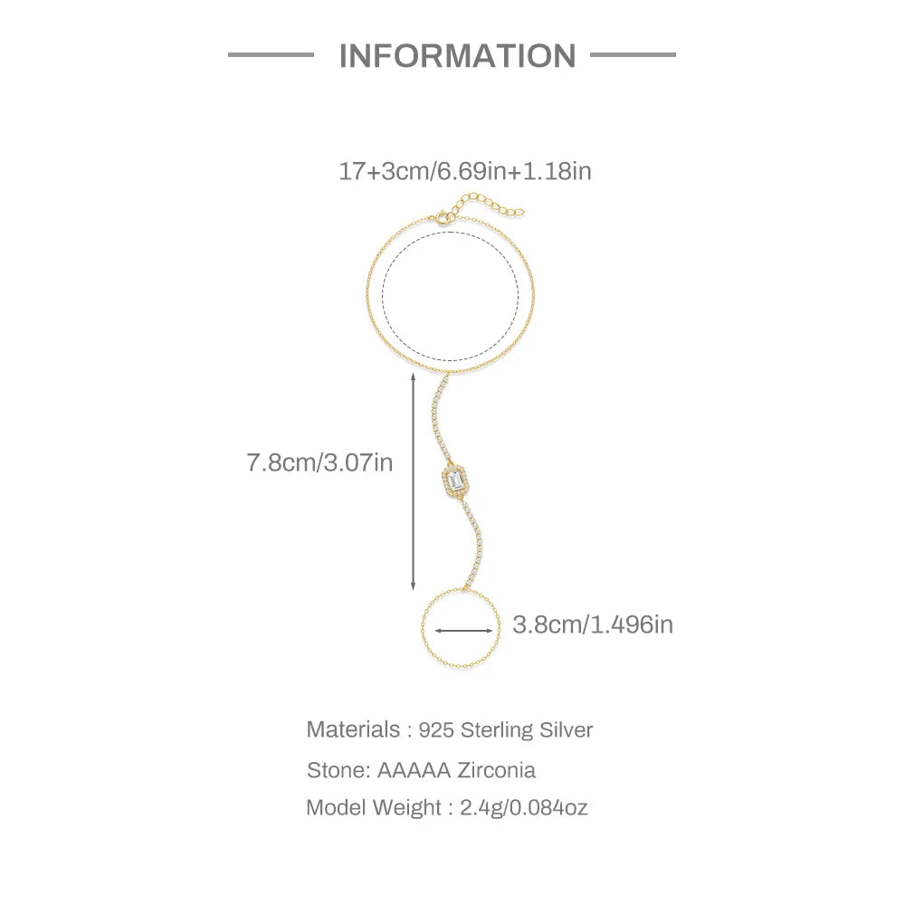 Bracelet Bague Argent 925 Cœur Pétale Zircon - Chaîne Main Femme Minimaliste Scintillant