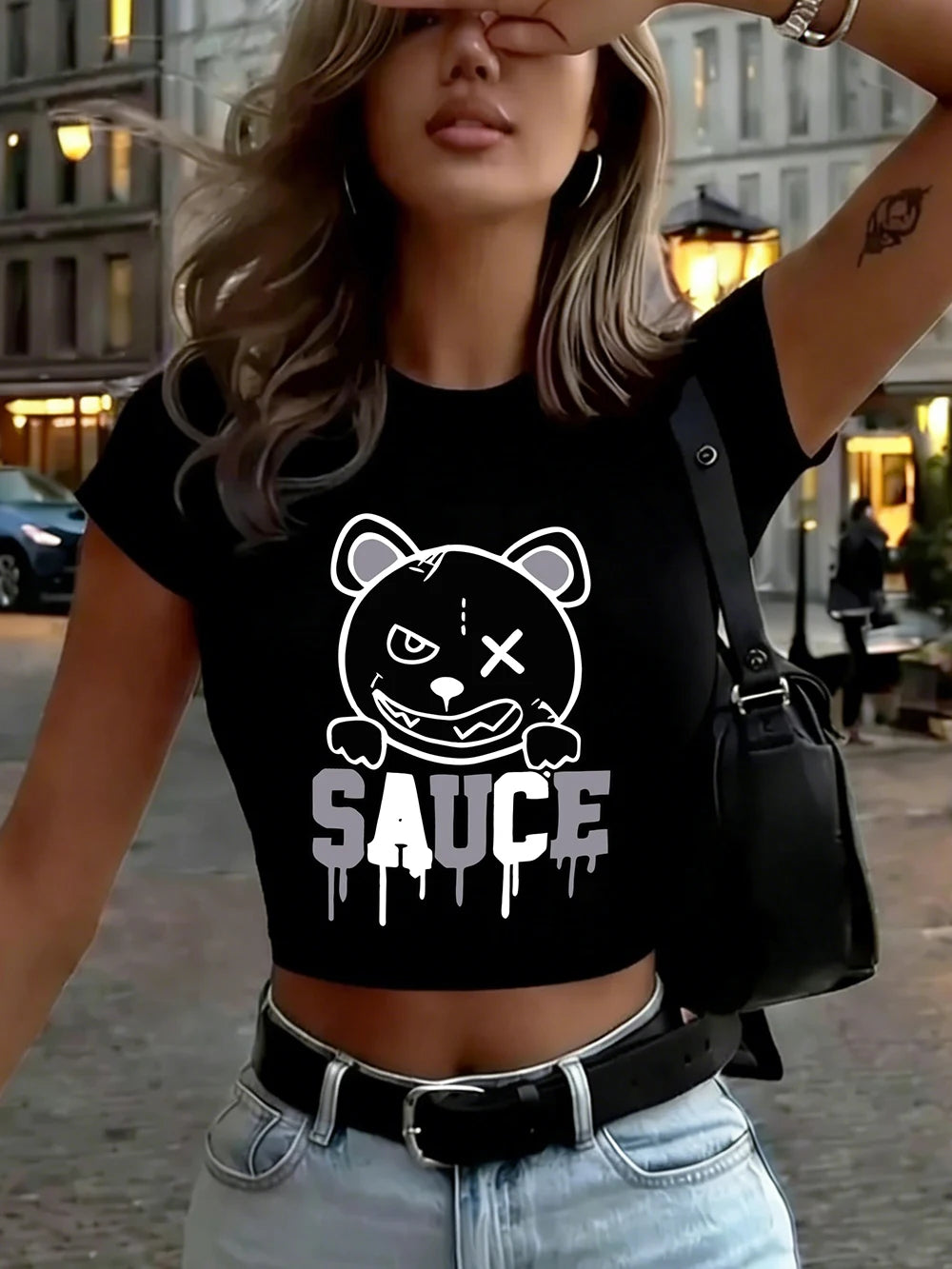 Top Crop Femme Ours Cartoon Fondu - T-Shirt Ajusté Col Rond Manches Courtes