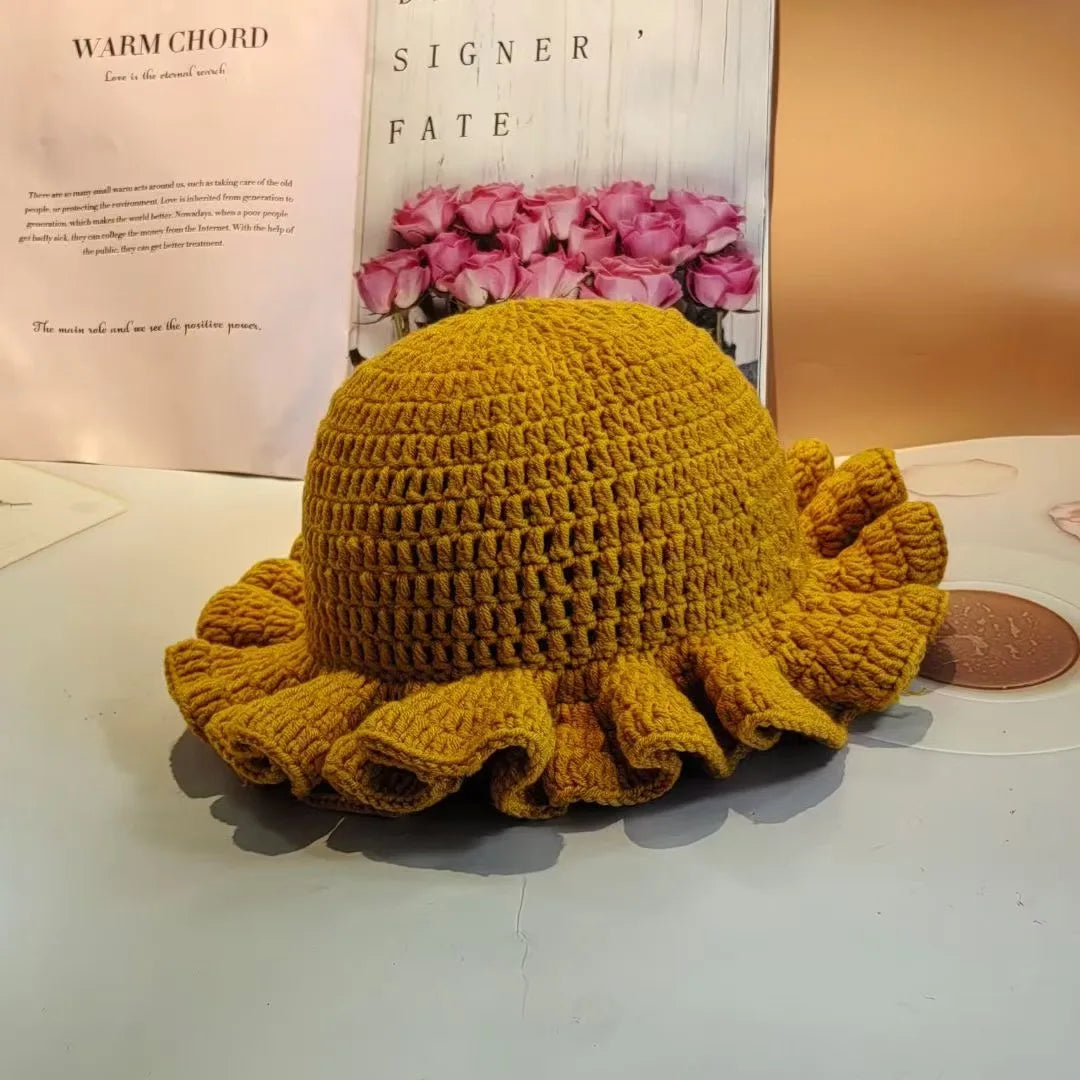 Chapeau Bob Crochet Tricoté Main Femme - Bonnet Pêcheur Bordure à Volants Couleur Unie pour Automne Hiver