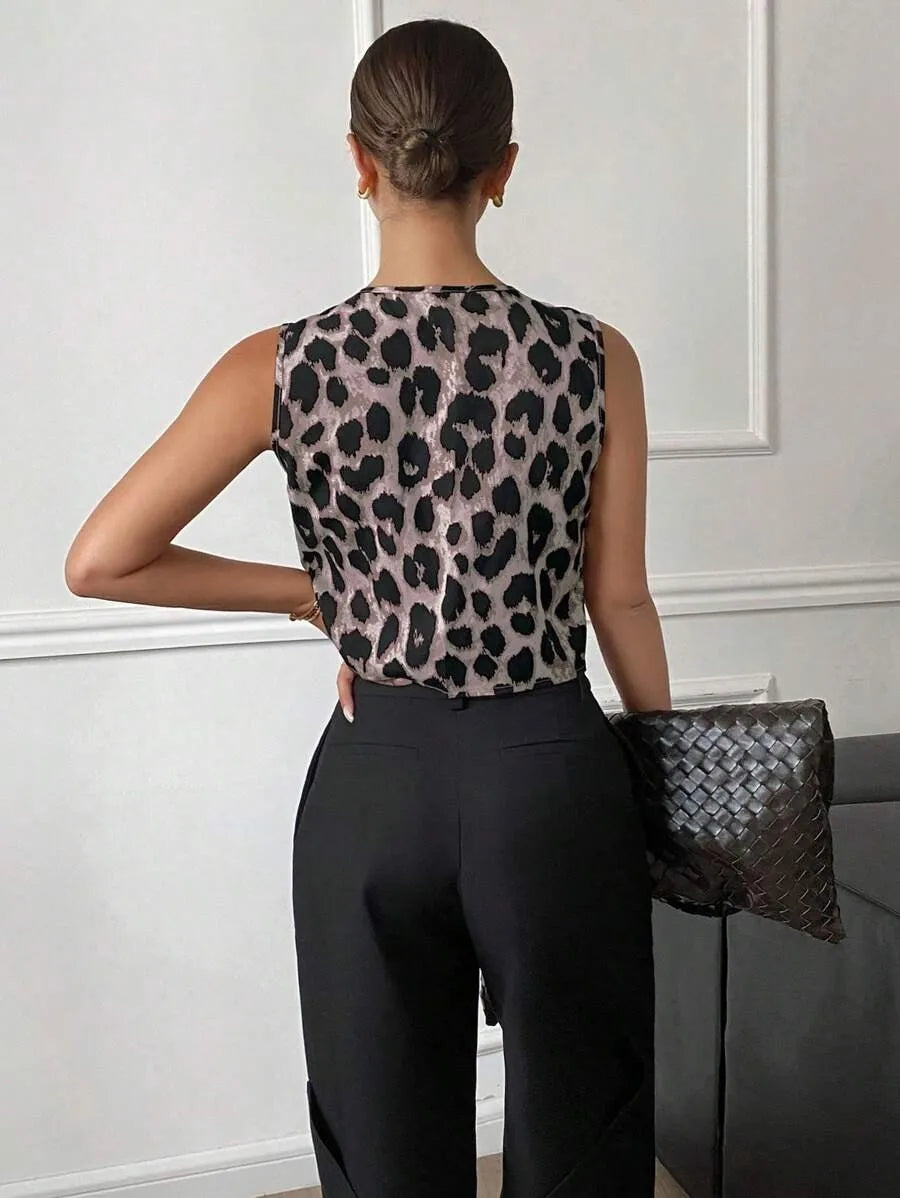 Débardeur Femme Léopard Col V Lacets - Dos Nu Sexy Casual Été