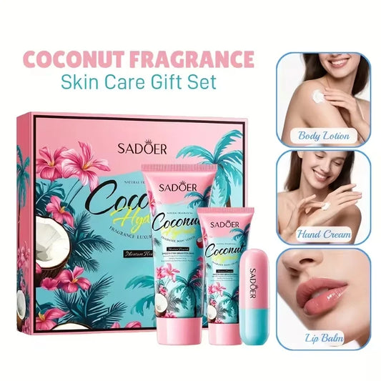 Coffret Cadeau Hydratant Coco 3 Pièces - Lotion Corps Crème Mains Baume Lèvres Nourrissant Hiver