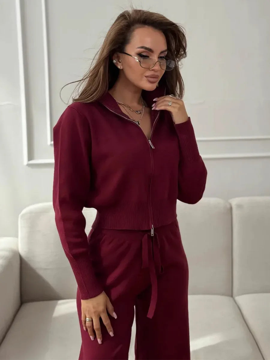 Ensemble Femme 2 Pièces Maille - Cardigan Zippé Court & Pantalon Large Taille Élastique Automne-Hiver