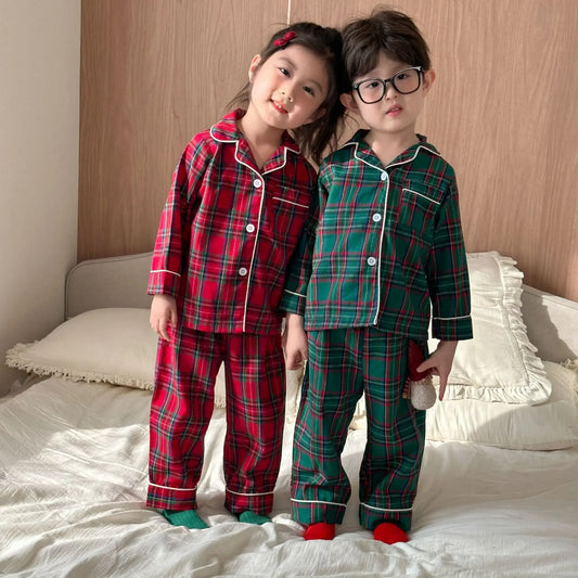 Pyjama Noël Enfant - Ensemble Coton Carreaux 2 Pièces Boutons Xmas