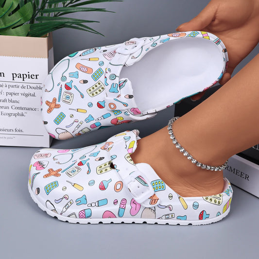 Sabots Femme EVA Imprimés - Mules Maison Antidérapantes, Boucle Ajustable Bout Fermé Confort Travail
