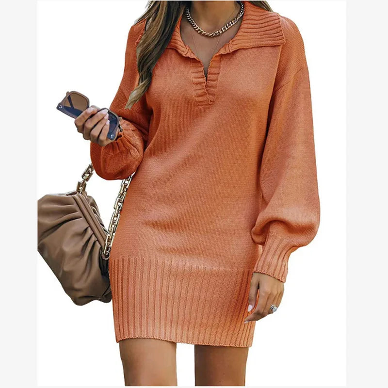 Robe Pull Femme Mi-Longue - Sweater Dress Col Polo Manches Lanterne Tricot Élégant Automne Hiver