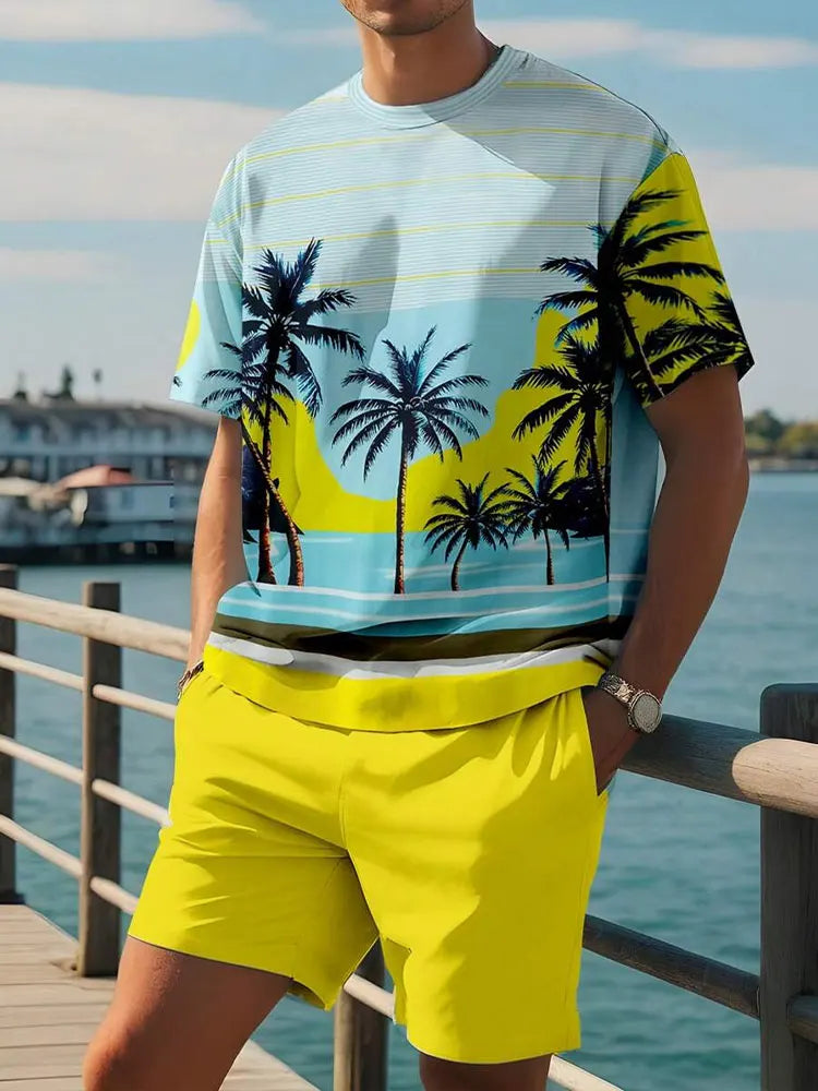 Ensemble Homme 2 Pièces Imprimé Hawaïen - T-Shirt Manches Courtes & Short de Plage