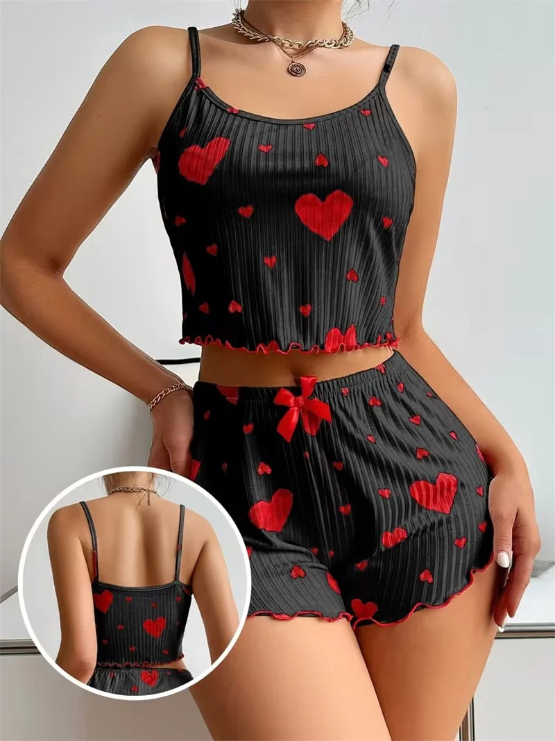 Ensemble Pyjama Débardeur Bretelles Spaghetti + Short - Imprimé Homewear Lingerie Sexy Femme