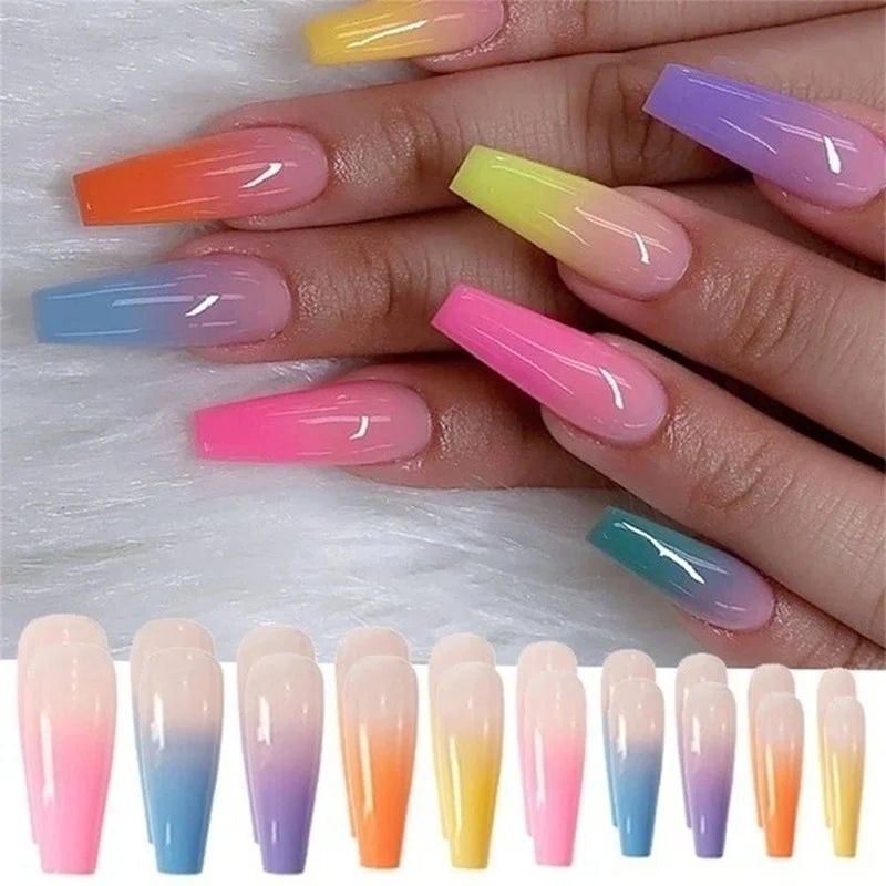 Lot 24pcs Faux Ongles Longs Coffin Arc-en-Ciel - Ballerine Capsules Nail Art Manucure Artificiel Beauté Décoratifs