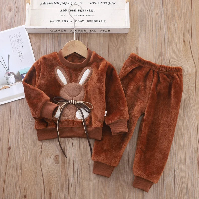 Ensemble Pyjama 2 Pièces Enfant - Flanelle Épaisse Motif Lapin Cartoon