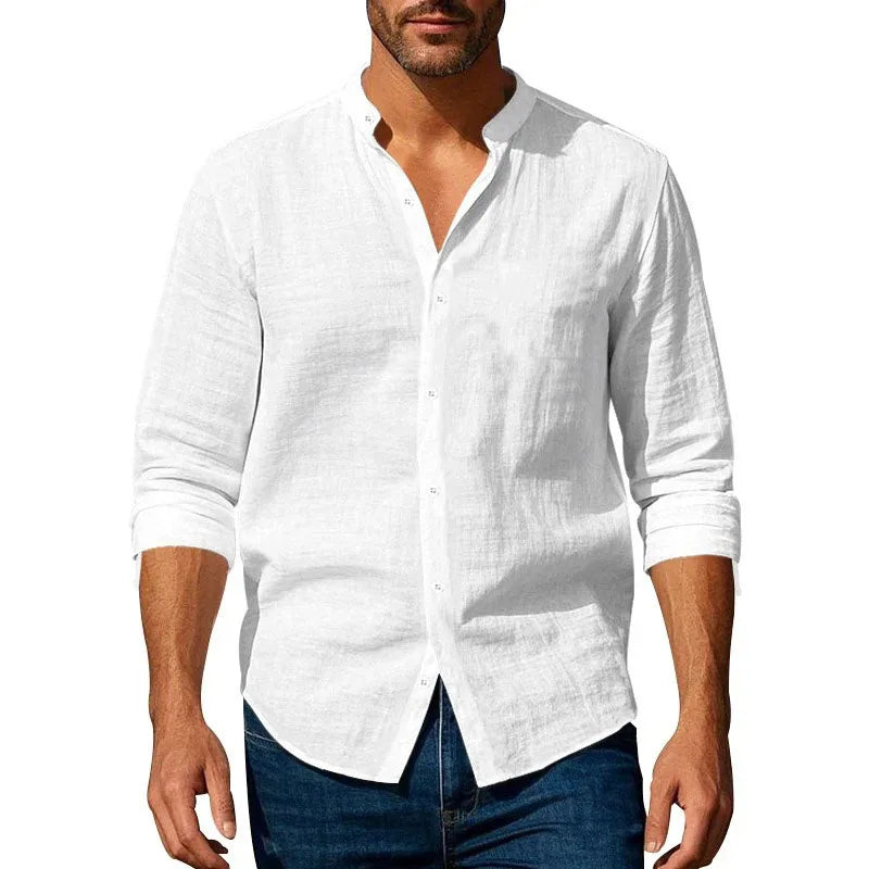 Chemise Homme Coton Lin Henley - Respirante Slim Fit Manches Longues