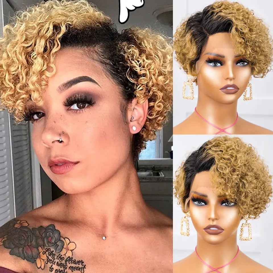 Perruque Cheveux Humains Bob Pixie Cut Bouclée - Lace Front 13x5x1 Péruvienne Deep Wave Femme