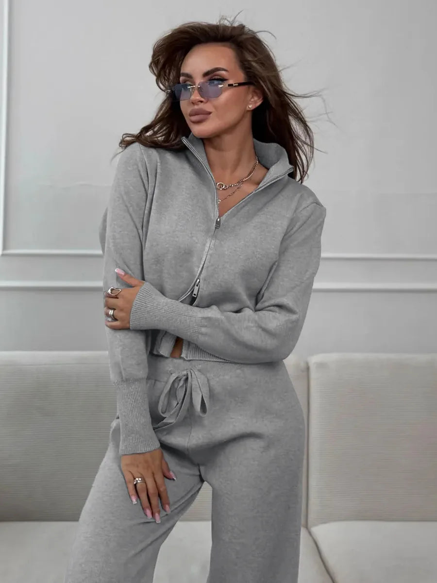 Ensemble Femme 2 Pièces Maille - Cardigan Zippé Court & Pantalon Large Taille Élastique Automne-Hiver