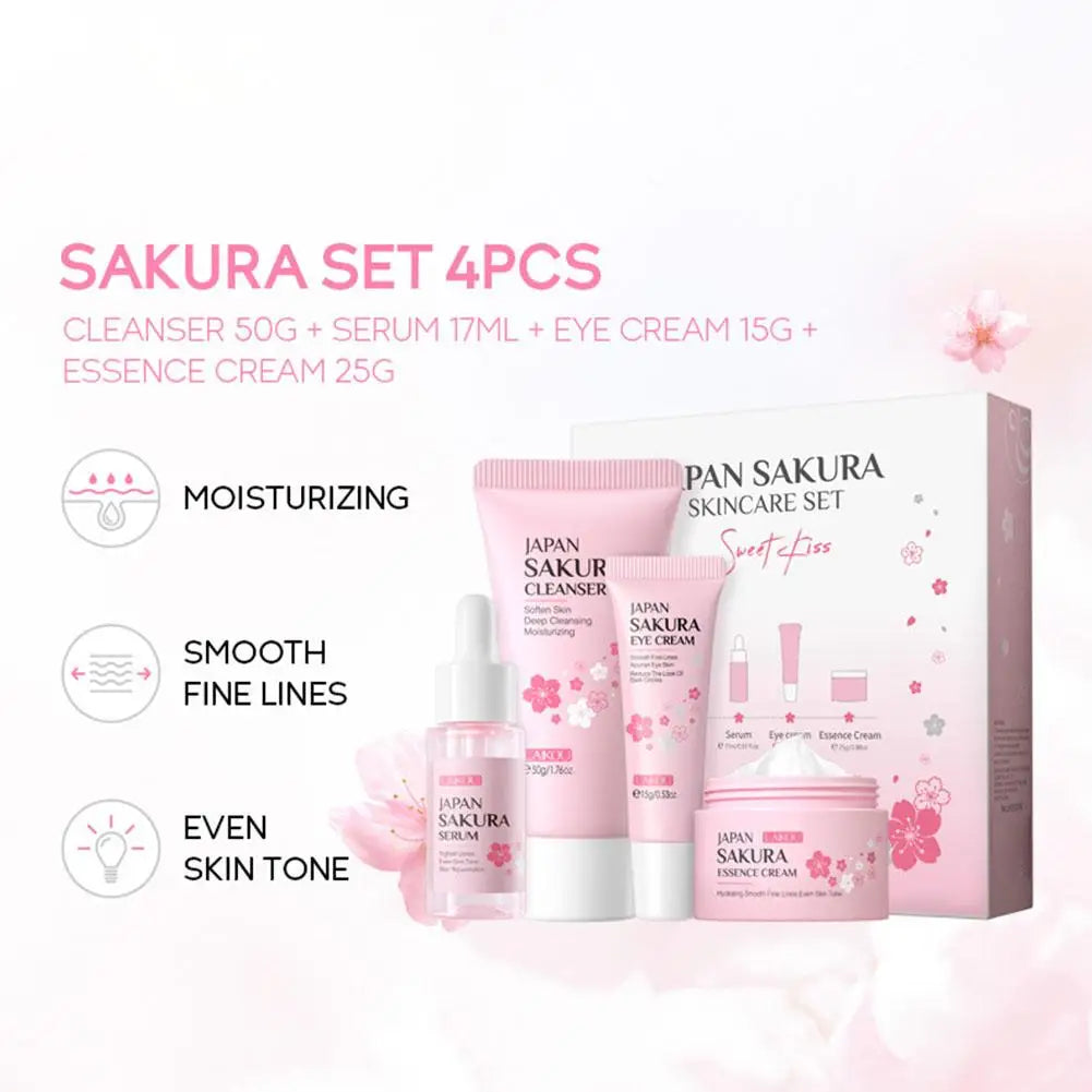 Coffret Soin Visage Sakura 4pcs - Nettoyant Tonique Sérum Crème Yeux Kit Beauté Femme Fille