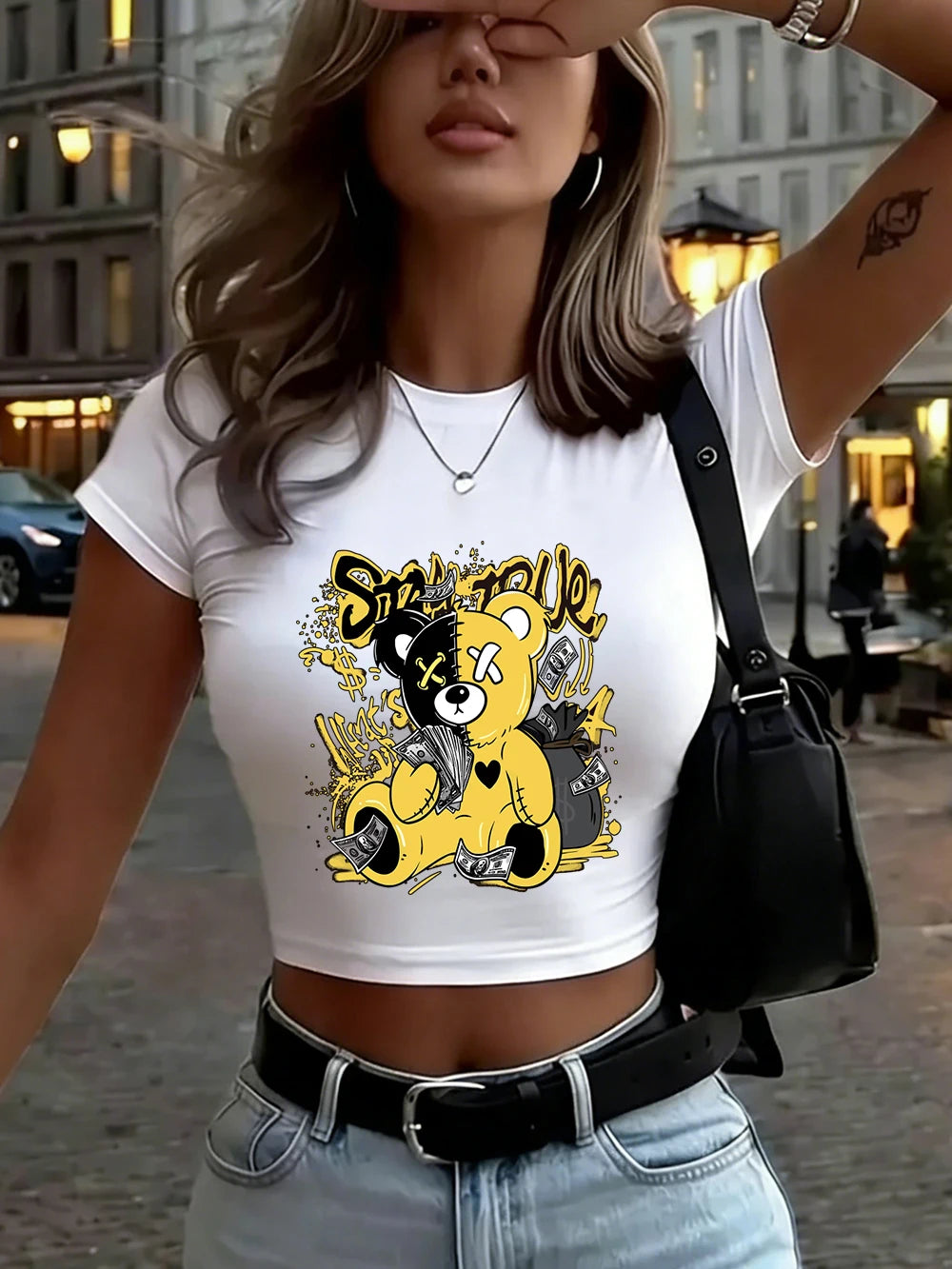 Top Crop Femme Ours Mignon Imprimé - Col Rond Manches Courtes Ajusté Sexy Été