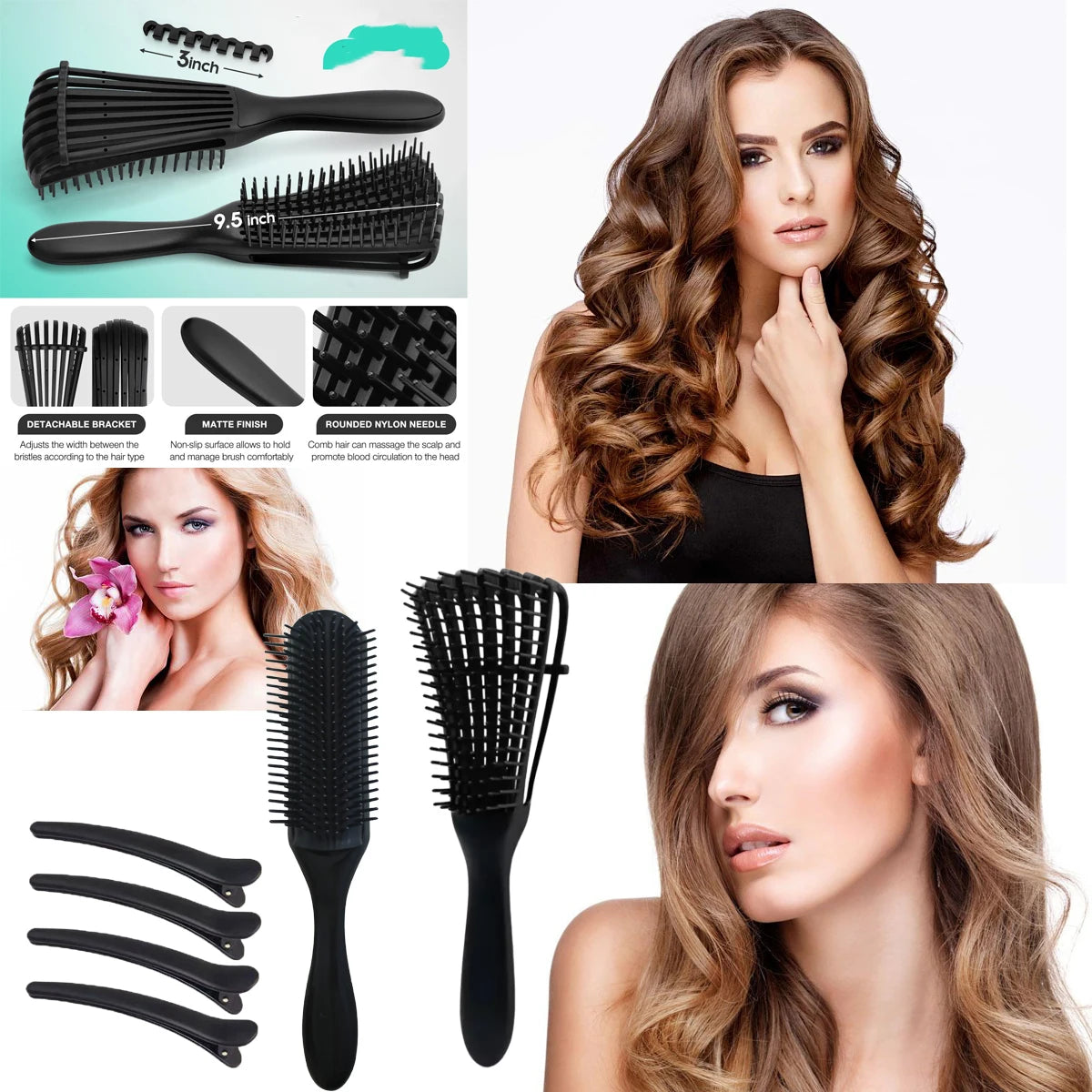 Set 12 Brosses Démêlantes et Accessoires Cheveux - Vaporisateur 200ml Peigne Large Massage Cuir Chevelu