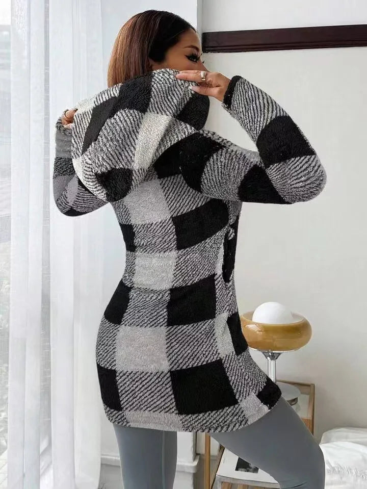 Manteau Femme Hiver Chaud Peluche - Carreaux Capuche Long Zip Cardigan