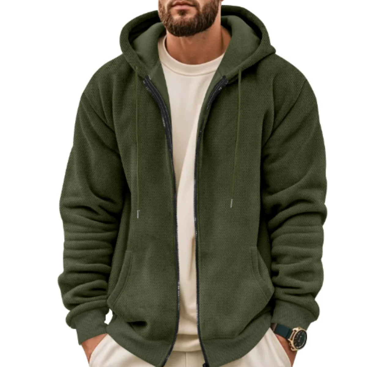Pull Capuche Homme Zippé - Couleur Unie Loose Fit, Polyester Premium Chaud Printemps Automne