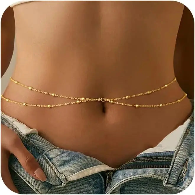 Chaîne de Taille Femme Waterproof Or 14K - Belly Chain Acier Inoxydable Perles Satellite Bikini