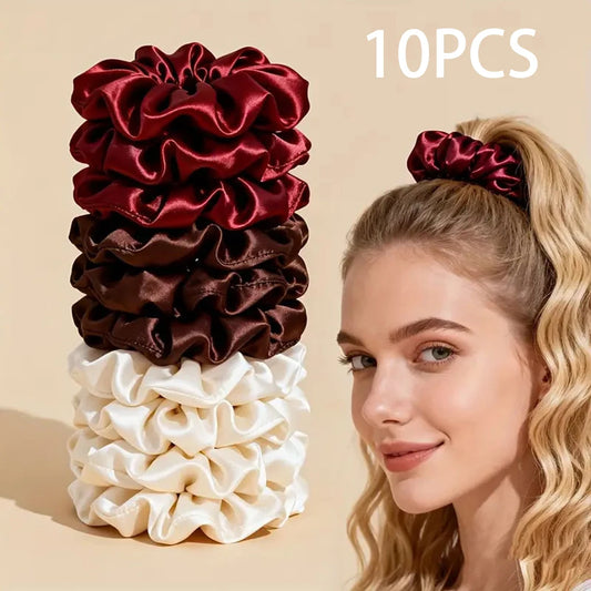 Lot 10 Chouchous Satin Femme Fille - Élastiques Cheveux Soie Bordeaux Marron Crème Élégants Mariage