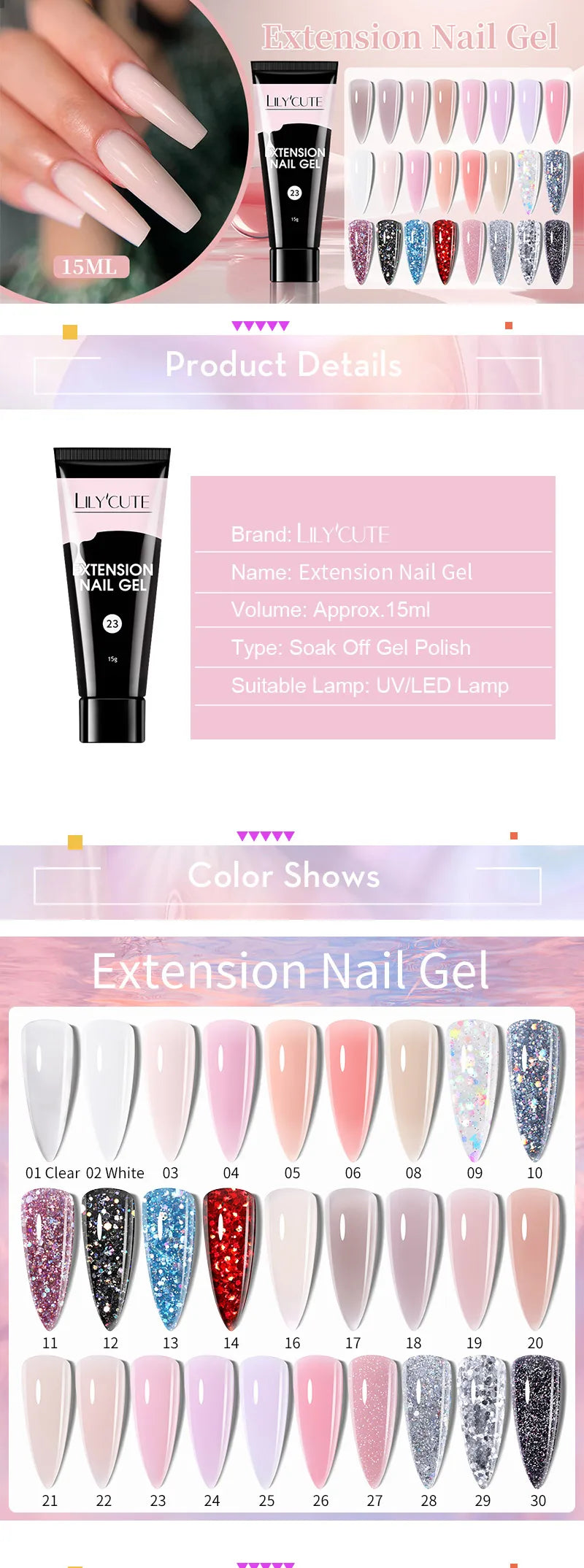 Gel Extension Ongles Paillettes LILYCUTE 15ml - Vernis Semi-Permanent UV Construction Nail Art