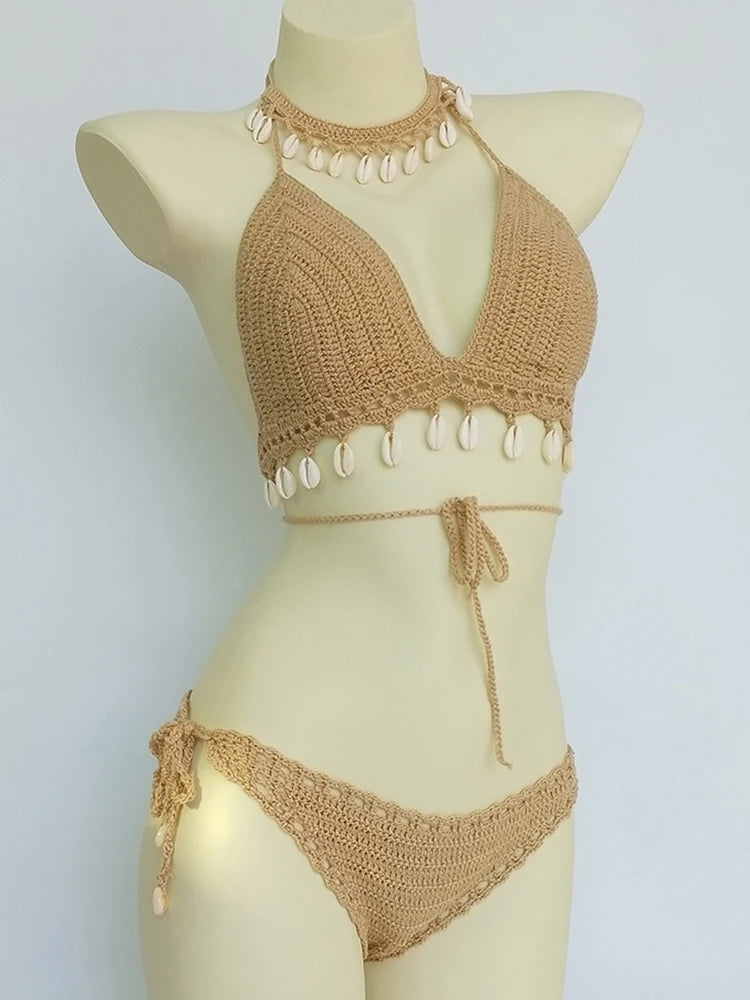 Ensemble Bikini 4 Pièces Crochet avec Coquillages - Top à Franges, Sexy,Taille Haute et Jupe