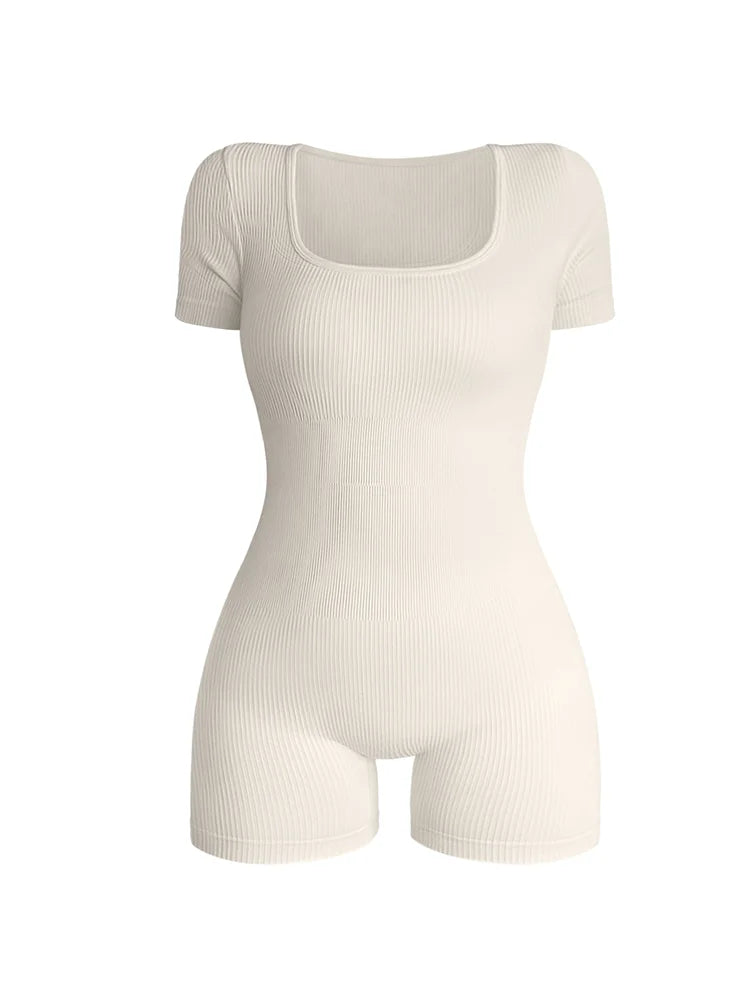Combinaison Femme Col Carré Manches Courtes - Body Moulant Sexy Taille Haute Streetwear