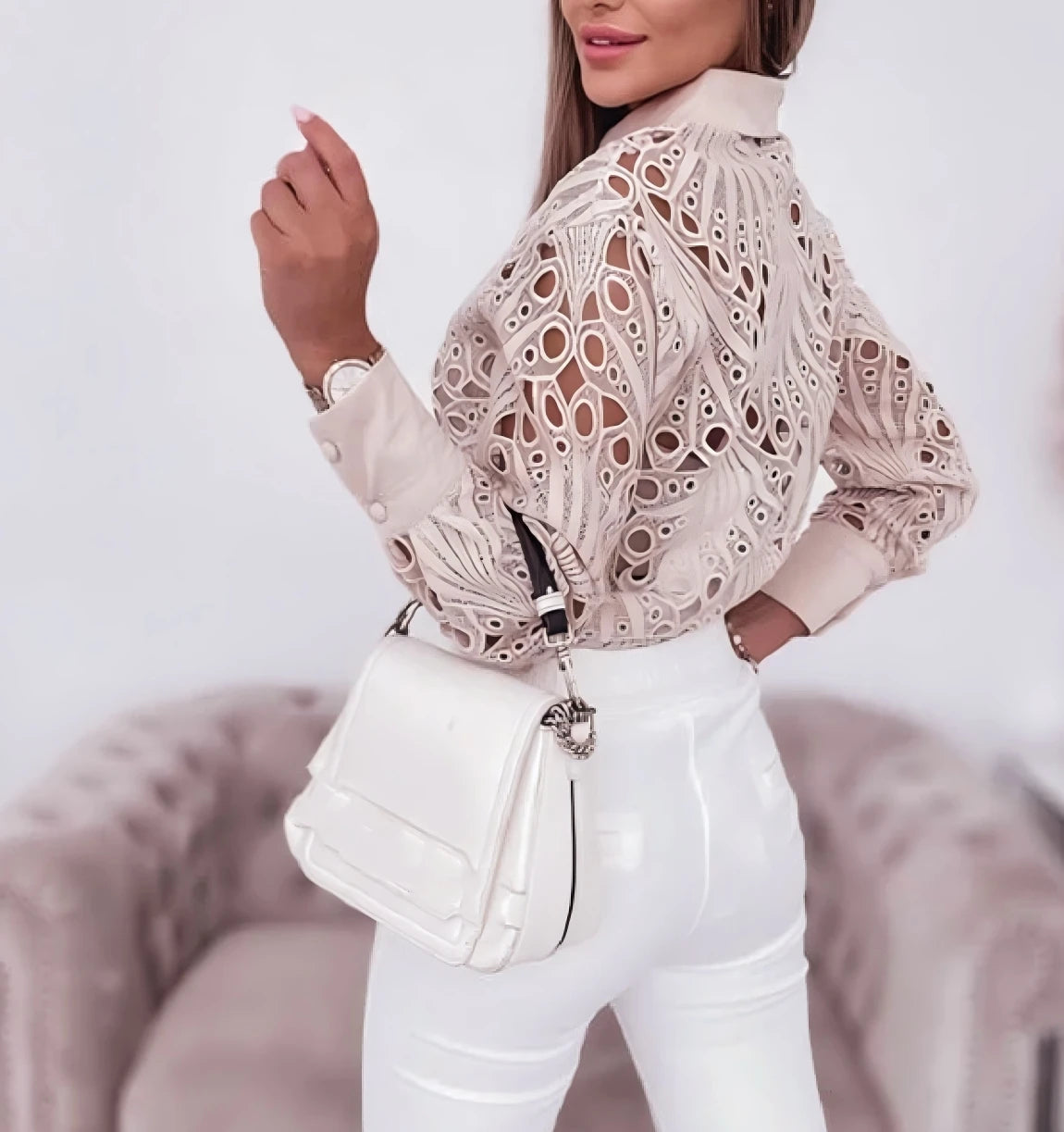 Chemisier Femme Ajouré Manches Longues - Col Chemise Boutons Casual Élégant