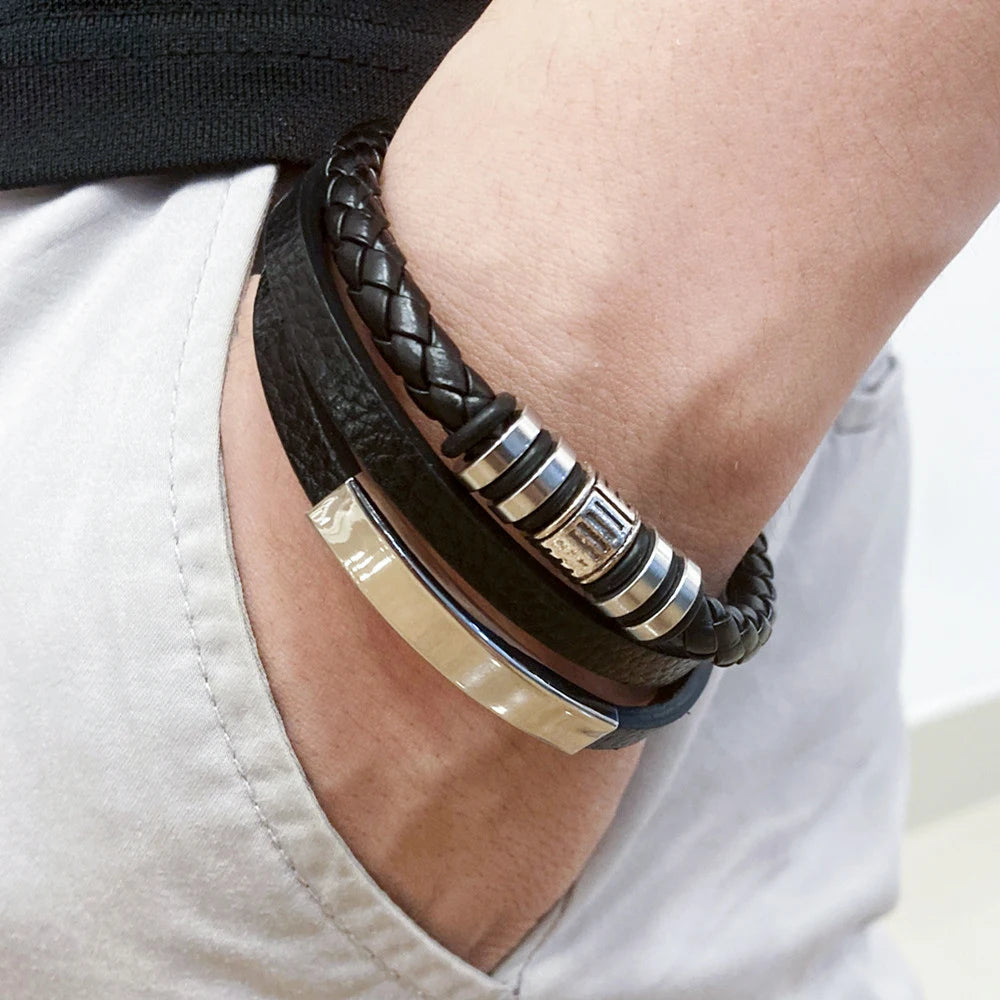 Bracelet Homme Cuir Tendance 21cm - Multi-Couches Tressé Acier Cadeau