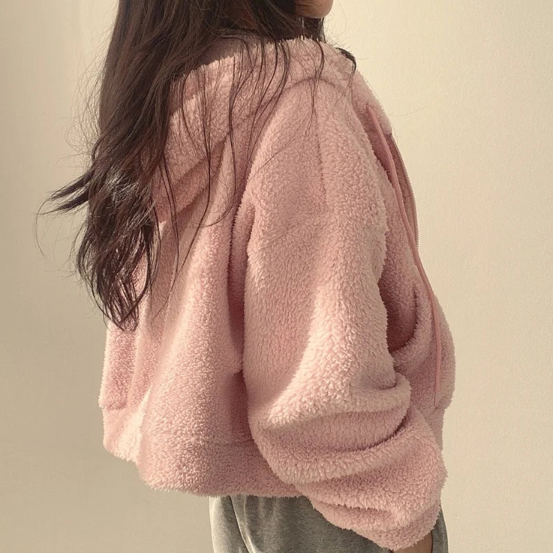 Veste Polaire Doublée Femme Automne Hiver - Hoodie Zippé Court Chaud Streetwear