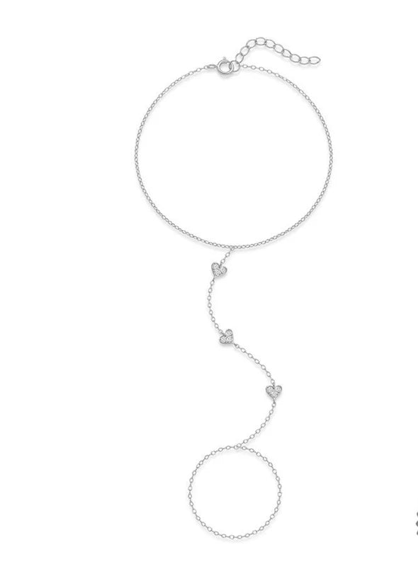 Bracelet Bague Argent 925 Cœur Pétale Zircon - Chaîne Main Femme Minimaliste Scintillant