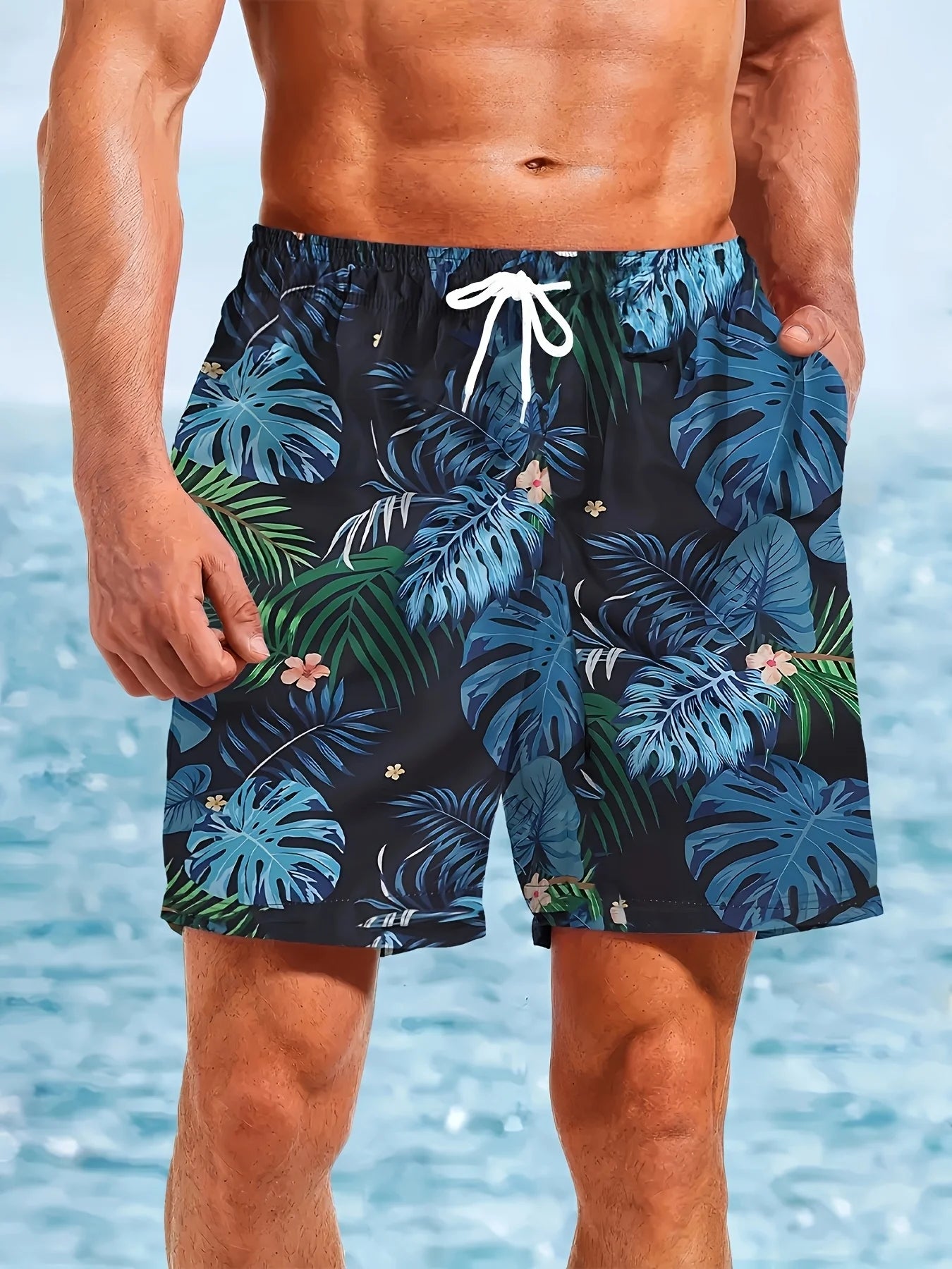 Short Homme Imprimé Feuilles Tropicales - Maillot Séchage Rapide Plage Gym Sport Été