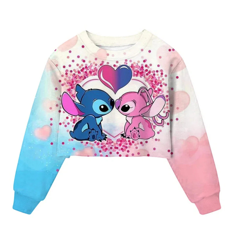 Sweat Court Enfant Stitch - Pull Manches Longues Fille Kawaii Disney Printemps Automne