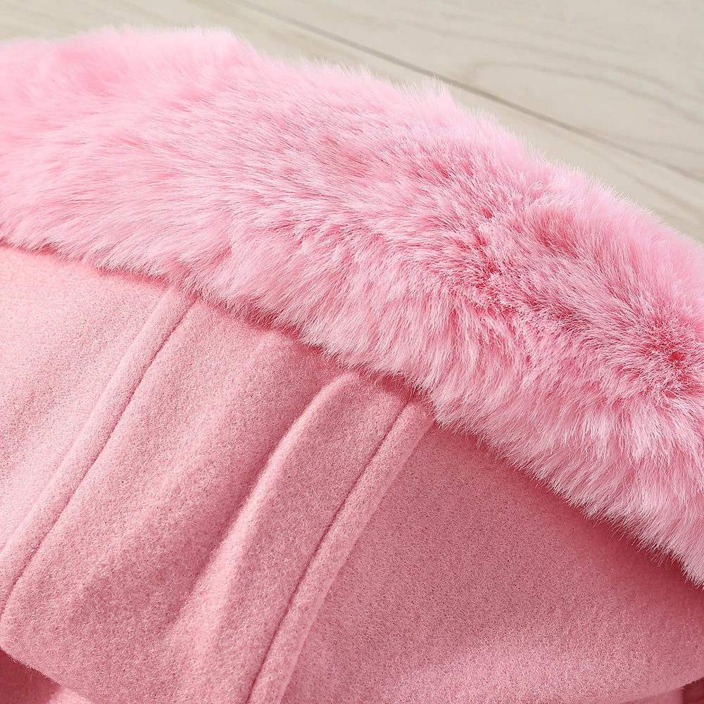 Manteau Fille Hiver Velours Capuche - Veste Longue Chaude Nœud Taille