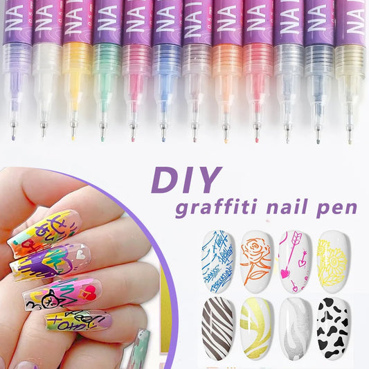 Kit Stylos Nail Art 12 Couleurs - Marqueurs Vernis Ongles 3D Pinceau Liner DIY Manucure Créative